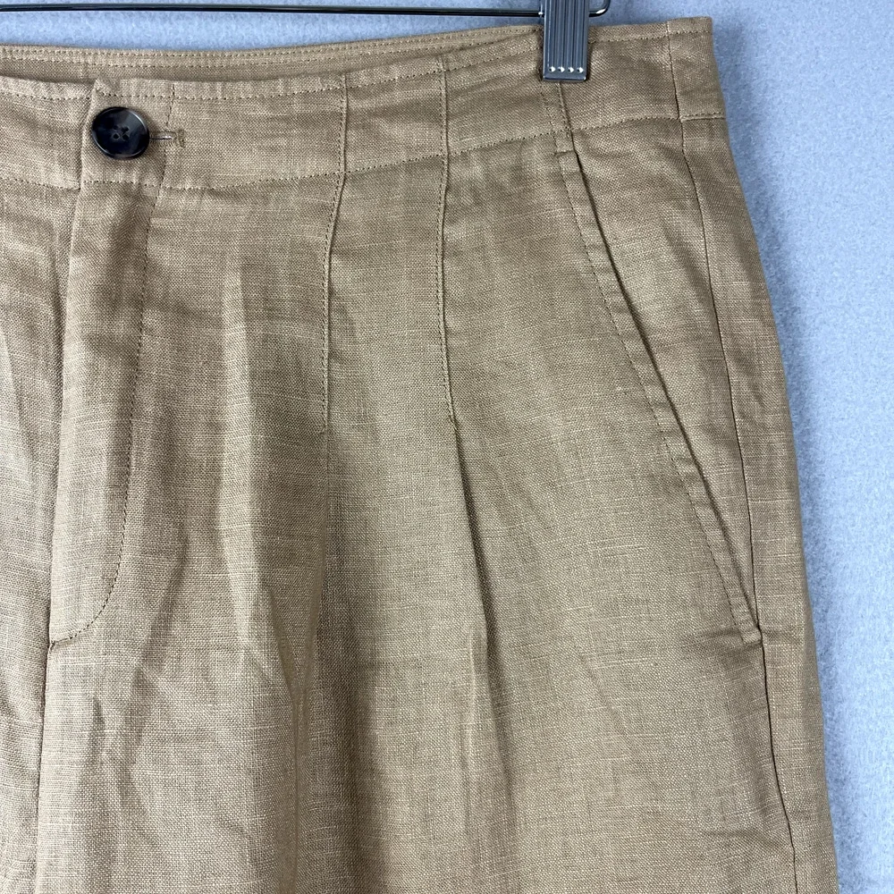 Banana Republic Linen Pant Women 12 Short 12S Latte Tan Wide Leg Pleated Classic